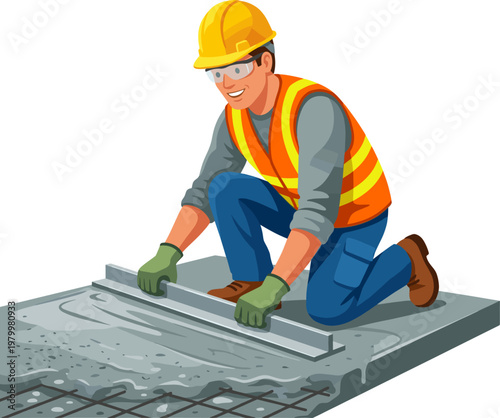 Mason smoothing wet cement on a floor with a leveling tool