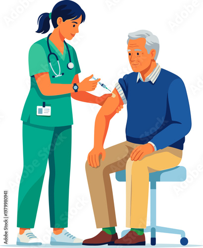 Medical nurse vaccinating an elderly man during a clinic visit