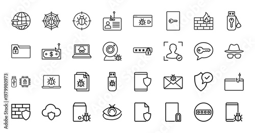 Cyber security and data protection line icon set