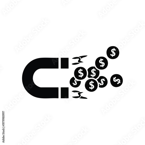 Attracting money, finance, and investment, magnet pulls dollar coins, attracting wealth