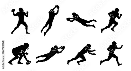 American football player silhouettes, set of 8 athlete vector elements, black sports figures in action poses for team logos and athletic branding