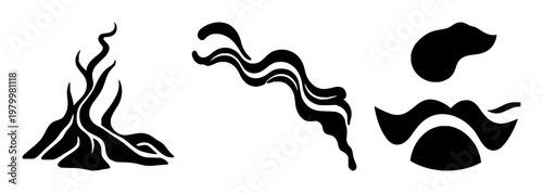 Geothermal energy icons set with solid black icon on white background featuring heat waves, black line art, thermal illustration with energy and geology