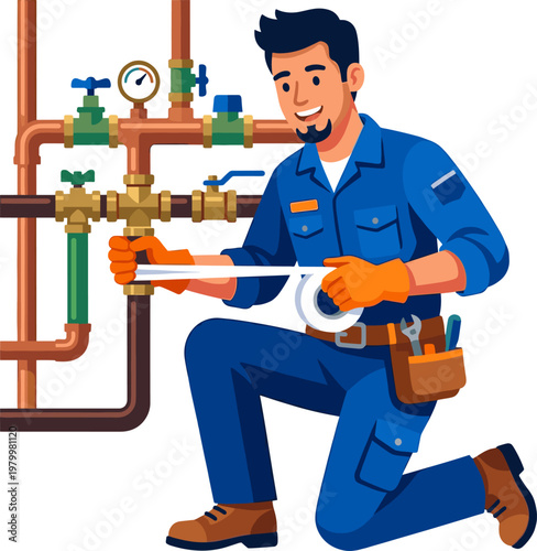 Plumber applying white sealant tape to copper pipe joints