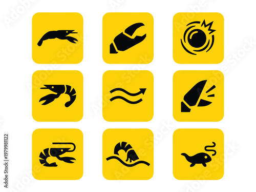 Set of Nine Seafood and Marine Life Vector Icons.