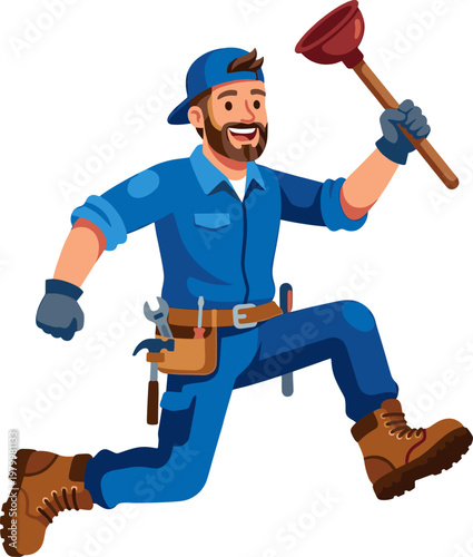 Plumber running with plunger and tool belt for emergency repair