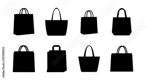 Black shopping bag silhouettes, set of 8 retail paper bag icons, minimalist tote bag and handbag vector shapes for commercial branding