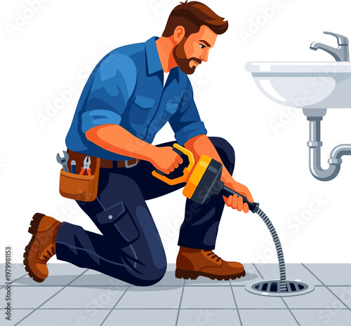 Plumber using an electric drain snake to clear a floor clog