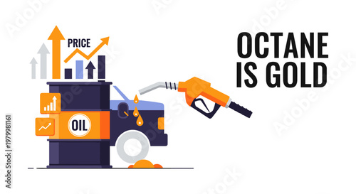 Rising fuel price with oil barrel and gas pump in modern colorful illustration for finance and economy