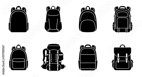 Minimalist backpack icon set, 8 black silhouette rucksack vectors, travel and school bag collection, outdoor hiking and camping equipment symbols