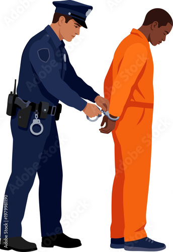Police officer placing handcuffs on suspect in orange prison jumpsuit