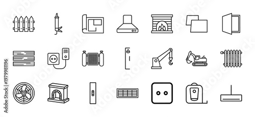 Construction and home improvement outline icon set for architectural design.