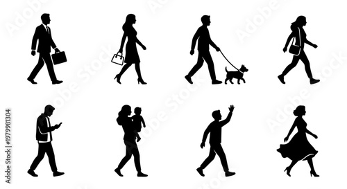 Walking people silhouettes set, diverse pedestrian figures in motion, black human profile icons for urban architectural visualization, 8 vector elements