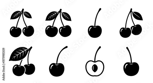 Black cherry icon set with 8 vector elements, minimalist fruit silhouettes with leaves and stems, organic berry symbols for food packaging design