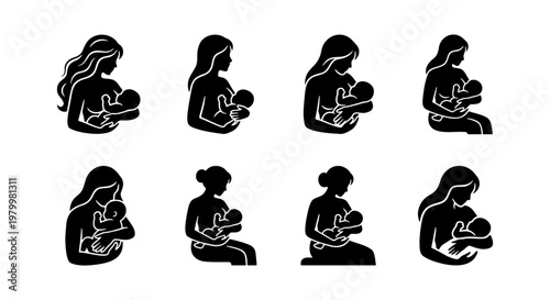 Breastfeeding mother silhouette icon set, 8 black vector elements of women nursing infants, maternal care and newborn feeding symbols