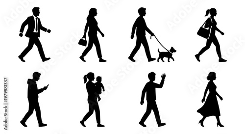 Walking people silhouettes set, diverse pedestrian figures in motion, black vector crowd elements for urban architecture and city life visualization