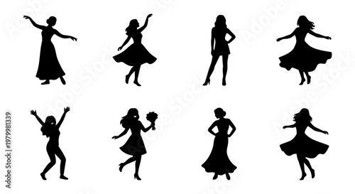 Dancing woman silhouette collection, set of 8 female dancer vector icons, elegant ladies in dresses performing ballet and ballroom dance