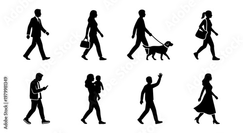 Walking people silhouettes set, diverse group of pedestrians in motion, black human figures walking with dog and baby, urban crowd vector elements