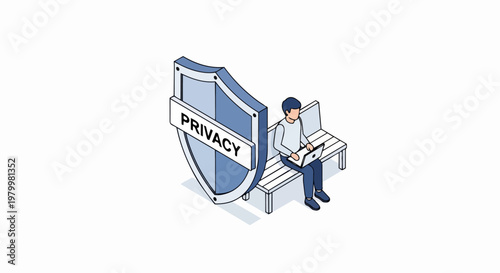 Isometric Data Privacy Concept Illustration with Man Working on Laptop Behind a Protective Security Shield