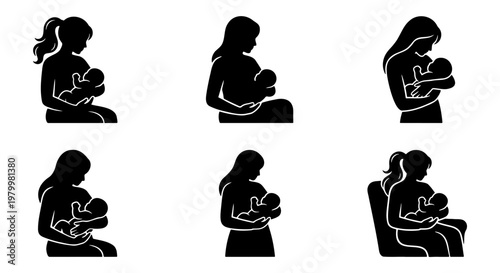 Breastfeeding mother silhouettes set, 6 icons of women nursing newborn babies, maternal care and lactation vector illustrations for healthcare