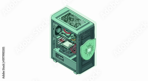 Isometric Illustration of a Desktop Computer Tower with a Protective Shield, Representing Cybersecurity, Hardware Protection, and Data Privacy