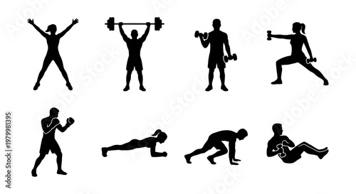 Fitness workout silhouette collection, set of 8 gym exercise icons, male and female athletes training with weights and bodyweight, black vector graphics