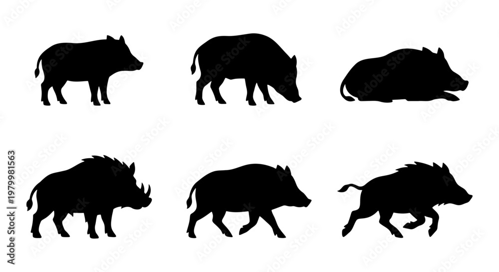 Fototapeta premium Wild boar silhouette collection, set of 6 feral pig and forest hog vector icons, black animal shapes in standing and running poses