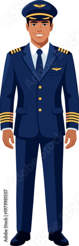 Professional male airline pilot standing in full uniform