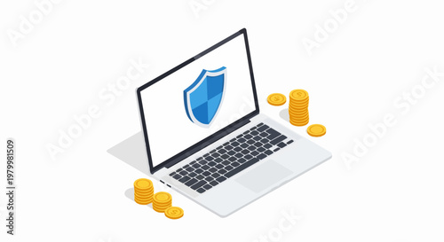 Isometric Laptop with Shield and Gold Coins for Secure Online Banking and Financial Data Protection Concept