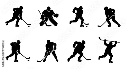 Ice hockey player silhouettes set, professional hockey athletes in action poses, black vector icons of 8 hockey players with sticks and pucks