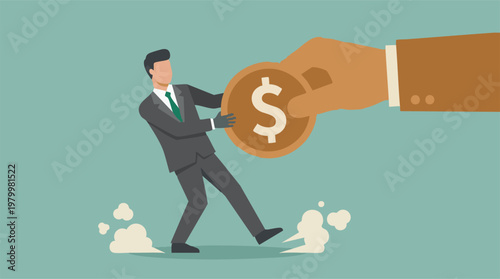 Businessman struggling in a tug-of-war with a large hand over a dollar coin