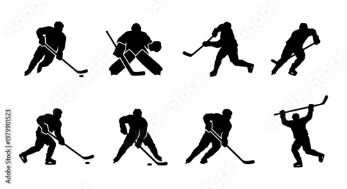Ice hockey player silhouettes set, 8 vector elements of professional athletes in action, black hockey goalie and skater figures for sports design