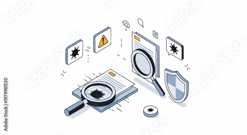 Isometric Cybersecurity and Malware Scanning Concept Illustration for Data Protection and Information Security Audit
