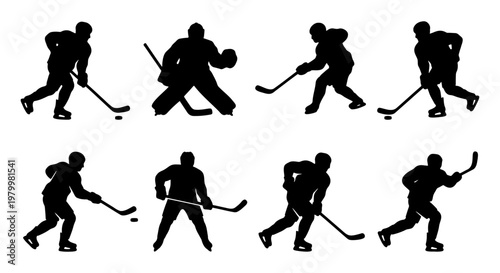 Ice hockey player silhouettes set, professional hockey goalie and skaters in action poses, 8 black vector figures for sports graphic design
