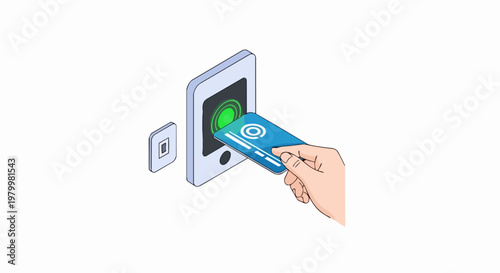Isometric Illustration of Contactless Payment with Hand Holding NFC Card at Digital Reader Terminal