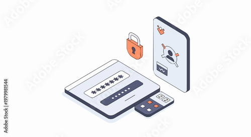 Isometric Cybersecurity Illustration for Secure Login, Password Protection, and Two-Factor Authentication (2FA) on White Background