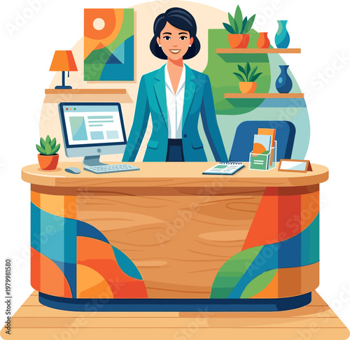Professional receptionist standing behind modern colorful office counter