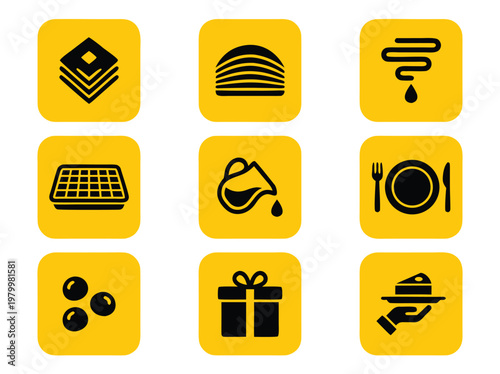 Set of minimalist breakfast and food icons on yellow square backgrounds.