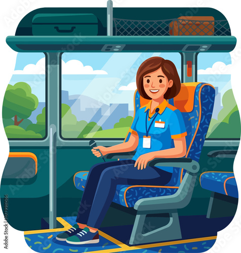 Professional travel guide speaking into microphone inside tour bus