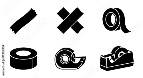 Adhesive tape icon set, black duct tape strips and rolls, office stationery dispenser collection, 6 vector elements for packaging and repair