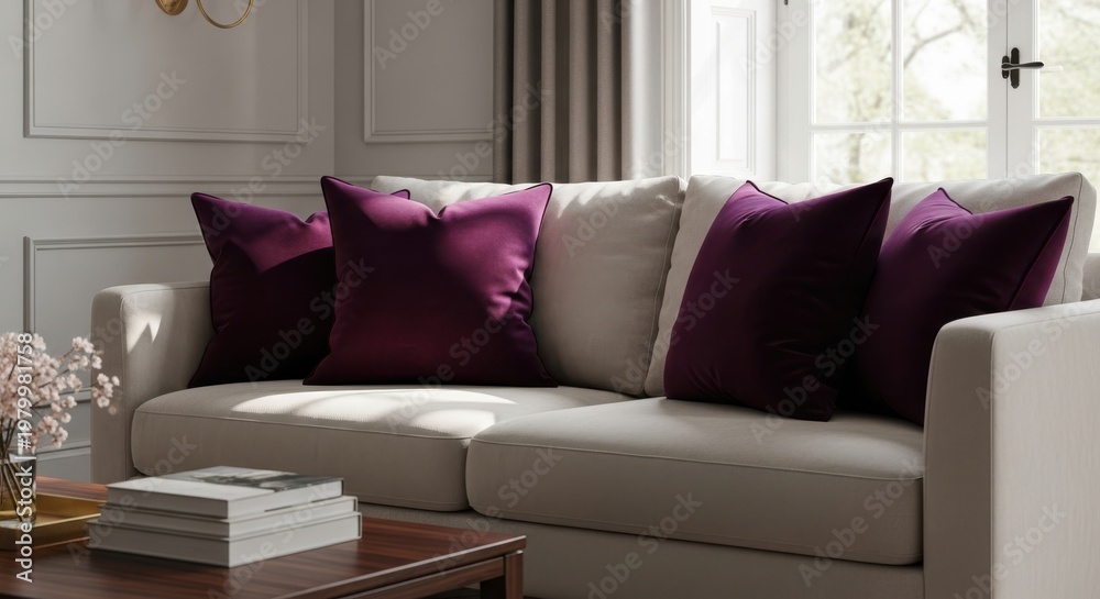 Fototapeta premium Deep Plum Velvet Accent Cushions Adding Luxurious Comfort and Rich Color to a Modern Sofa