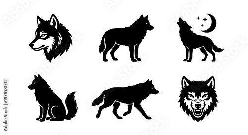 Wolf silhouette vector set, black and white timber wolf icons, 6 wild animal elements for logo design, howling coyote and husky head graphics