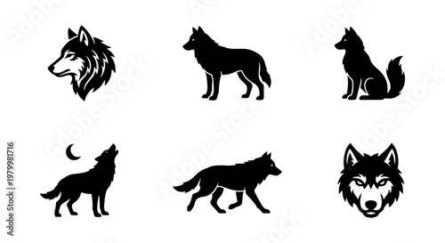 Minimalist wolf silhouette icons, black wolf head and howling coyote vector set, 6 wild animal graphics for wilderness branding and outdoor logos