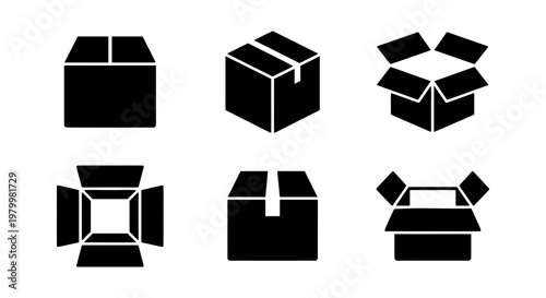 Cardboard box icon set, 6 black delivery package silhouettes, open and closed shipping carton vector symbols for logistics and storage