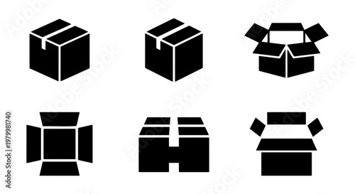 Cardboard box icon set with 6 vector elements, black silhouette delivery packaging symbols, open and closed shipping carton box icons for logistics