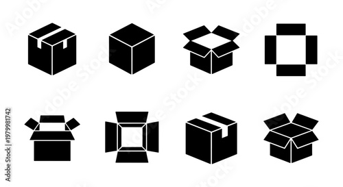 Minimalist cardboard box icon set, 8 black vector packaging symbols, open and closed delivery boxes for shipping and logistics design