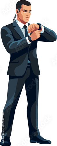 Punctual bodyguard in a formal suit checking his wristwatch