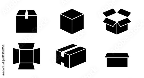 Cardboard box icon set, 6 shipping package vector elements, black delivery carton symbols, logistics and warehouse storage icons for web design