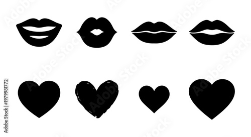 Minimalist black lips and hearts icon set, romantic silhouette mouth and heart shapes, flat vector collection for beauty and wedding design
