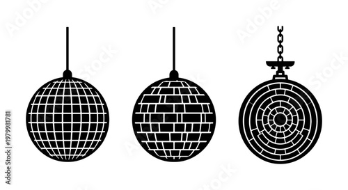 Retro disco ball vector icons, black mirror ball silhouettes for party and nightlife, set of 3 hanging sparkling disco balls for club events