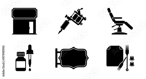 Tattoo studio icon set, professional body art equipment silhouettes, black tattoo parlor symbols including machine and chair vector collection